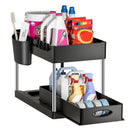 Storage Pull, 2 Tier Under-Sink Drawer 4 Hook 1 Cup, Black Under Sliding Cabinet Basket Organizer for Bathroom/Kitchen