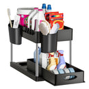 Storage Pull, 2 Tier Under-Sink Drawer 4 Hook 1 Cup, Black Under Sliding Cabinet Basket Organizer for Bathroom/Kitchen