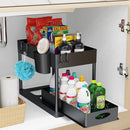 Storage Pull, 2 Tier Under-Sink Drawer 4 Hook 1 Cup, Black Under Sliding Cabinet Basket Organizer for Bathroom/Kitchen