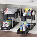 Storage Pull, 2 Tier Under-Sink Drawer 4 Hook 1 Cup, Black Under Sliding Cabinet Basket Organizer for Bathroom/Kitchen