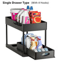 Storage Pull, 2 Tier Under-Sink Drawer 4 Hook 1 Cup, Black Under Sliding Cabinet Basket Organizer for Bathroom/Kitchen