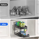 Storage Pull, 2 Tier Under-Sink Drawer 4 Hook 1 Cup, Black Under Sliding Cabinet Basket Organizer for Bathroom/Kitchen