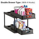 Storage Pull, 2 Tier Under-Sink Drawer 4 Hook 1 Cup, Black Under Sliding Cabinet Basket Organizer for Bathroom/Kitchen