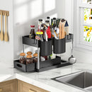 Storage Pull, 2 Tier Under-Sink Drawer 4 Hook 1 Cup, Black Under Sliding Cabinet Basket Organizer for Bathroom/Kitchen
