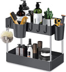 Storage Pull, 2 Tier Under-Sink Drawer 4 Hook 1 Cup, Black Under Sliding Cabinet Basket Organizer for Bathroom/Kitchen